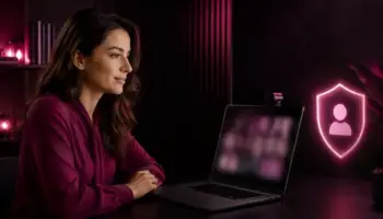 Frau nutzt einen Webcam-Chat mit geschütztem Gastzugang